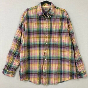 Cinch Multi Color Plaid Linen Blend Long Sleeve Button Down Large‎